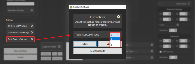 Table Capture Settings
