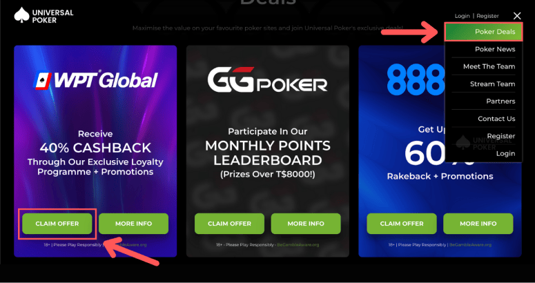 Claim offer on Universal Poker