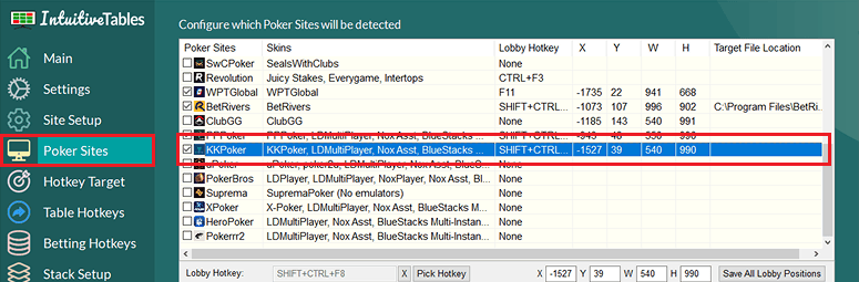 Enable KKPoker in the IntuitiveTables Poker Sites tab
